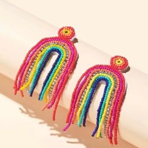 Beaded Rainbow Tassel Drop Earrings
